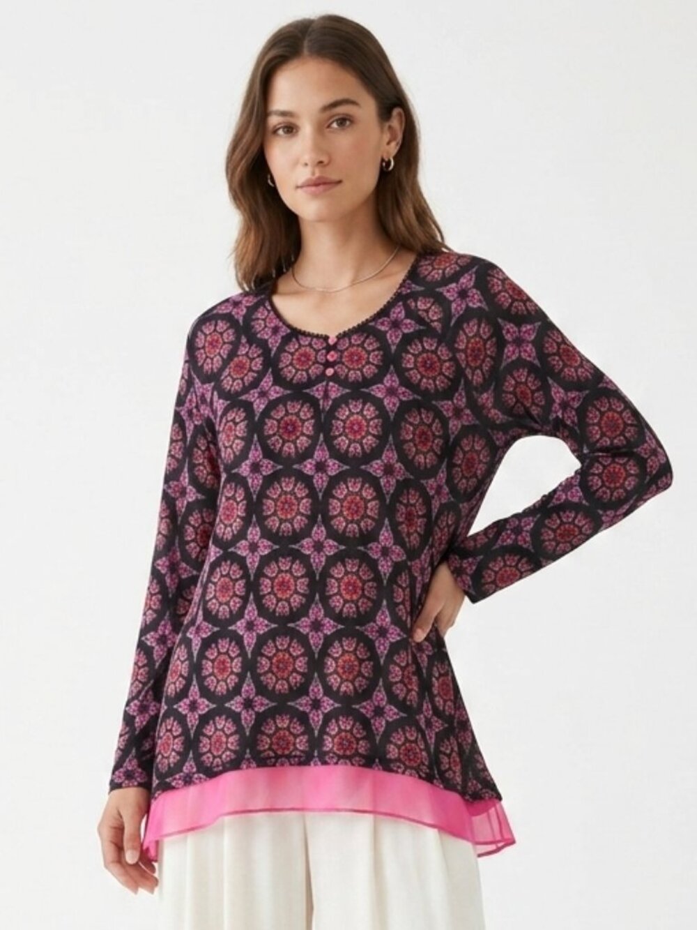 Bollydoll Blouse Tunic Black Pink Kaleidoscope Boho Festival L
